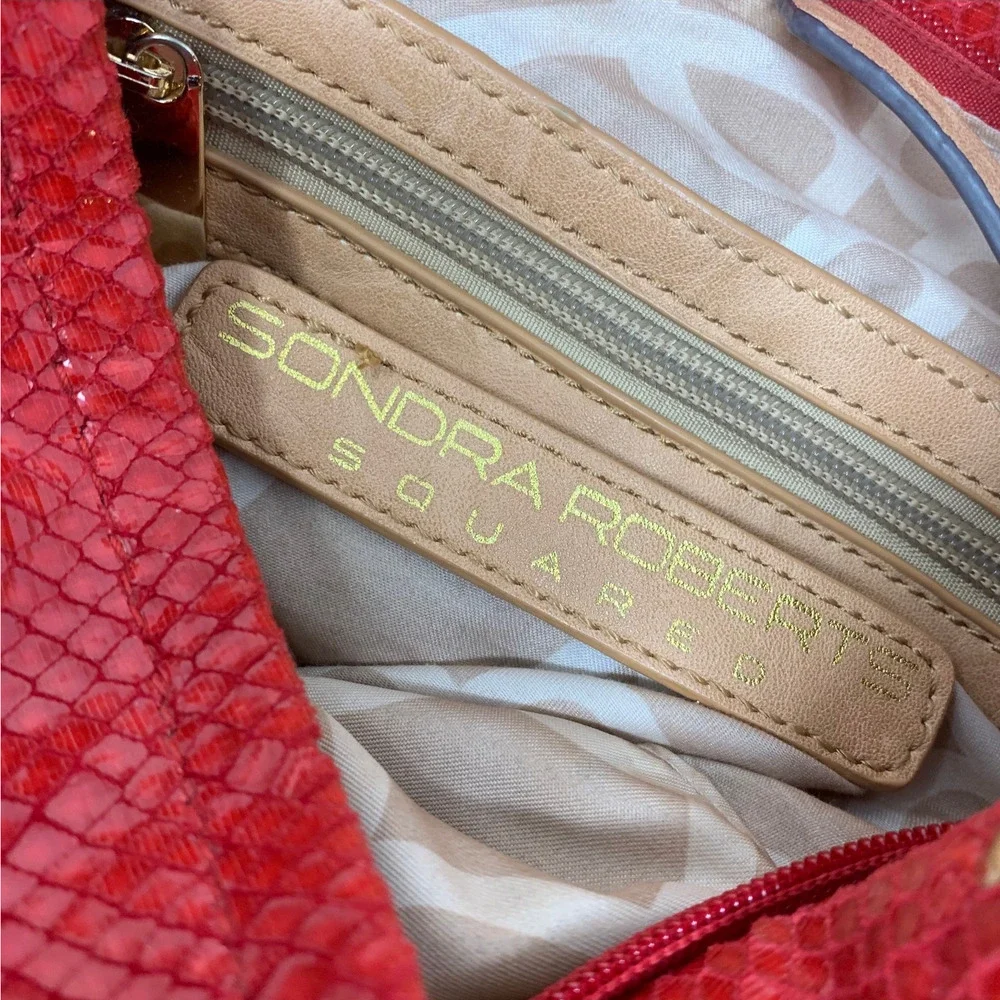 Sondra Roberts Squared Red Snakeskin Print Slouchy Shoulder Bag Tassel Hobo